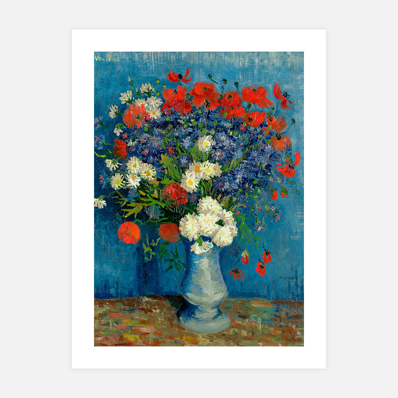 Nature morte : vase aux bleuets et coquelicots - Peinture d'art
