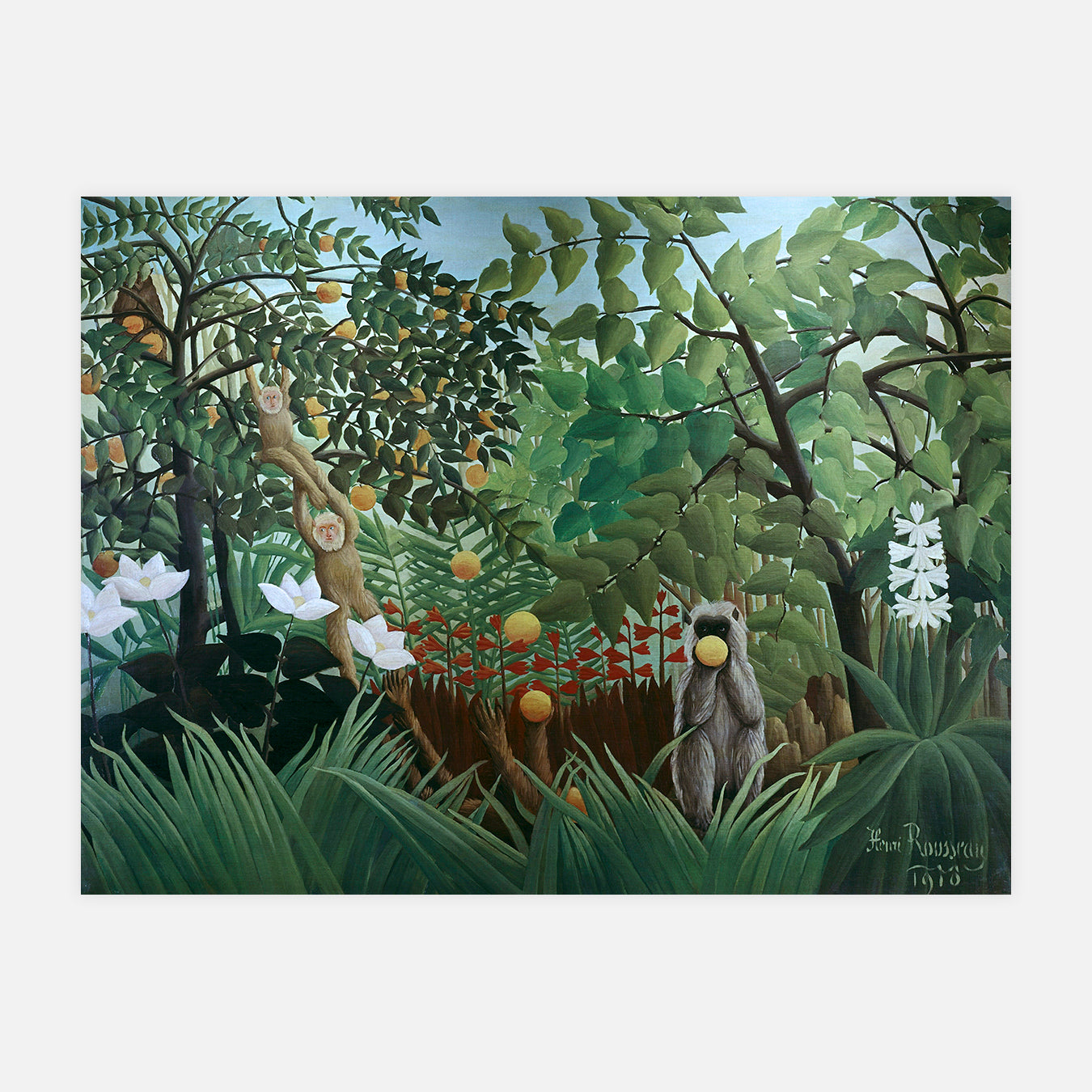 Paysage exotique avec des singes jouant - Peinture d'art