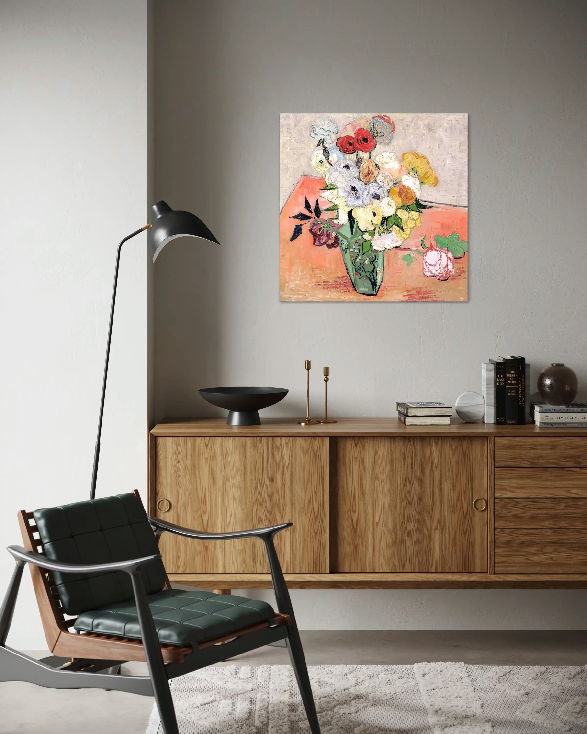 Vase japonais avec roses et anémones - Peinture d'art