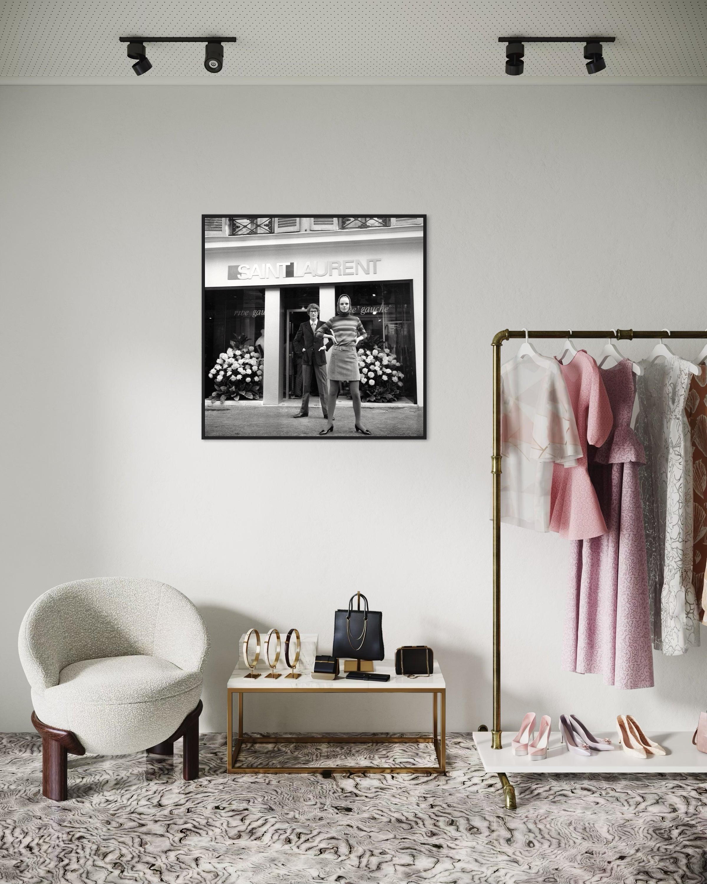 Yves Saint Laurent devant sa boutique - Photo d'art