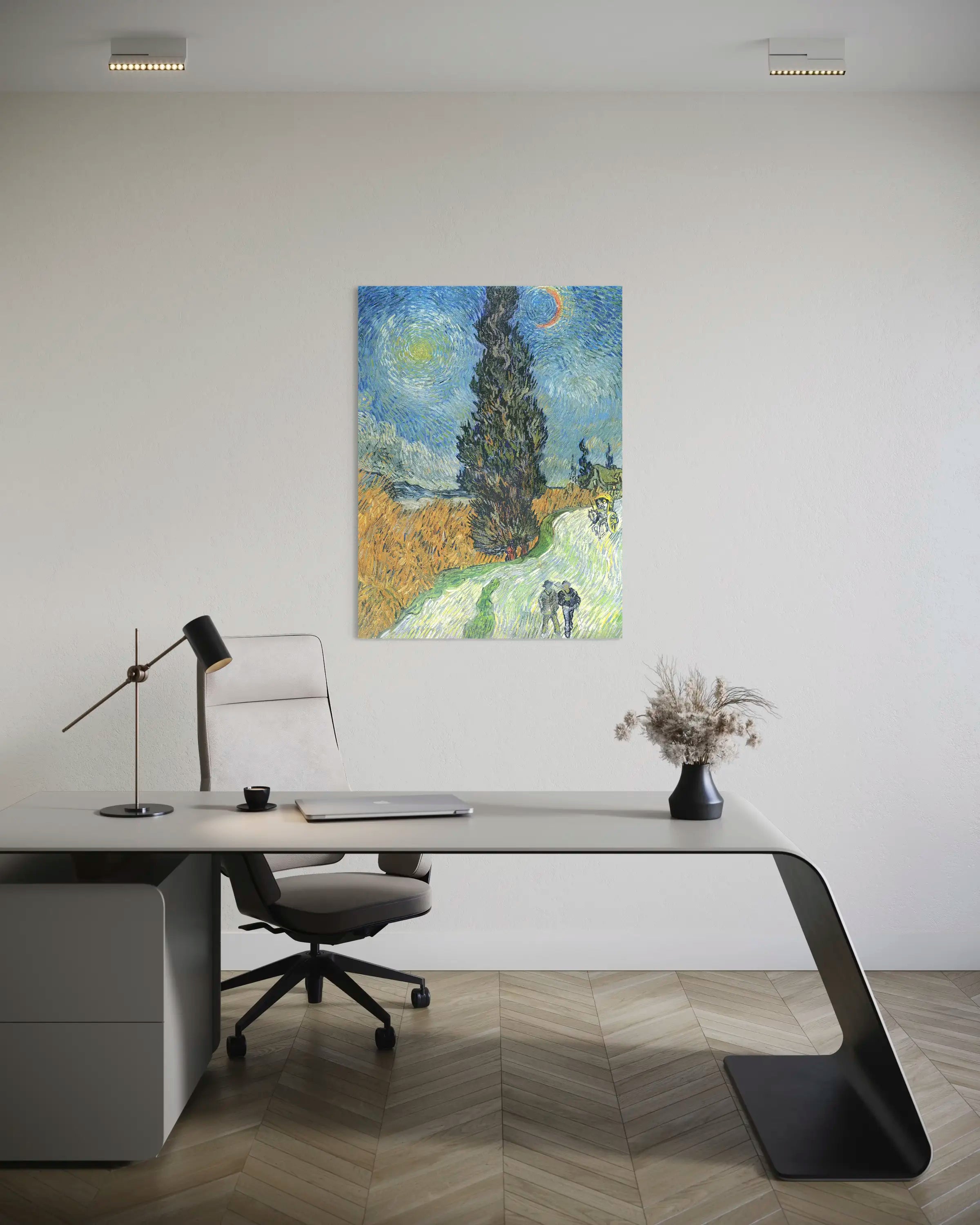 Route avec un cyprès et une étoile - Peinture d'art