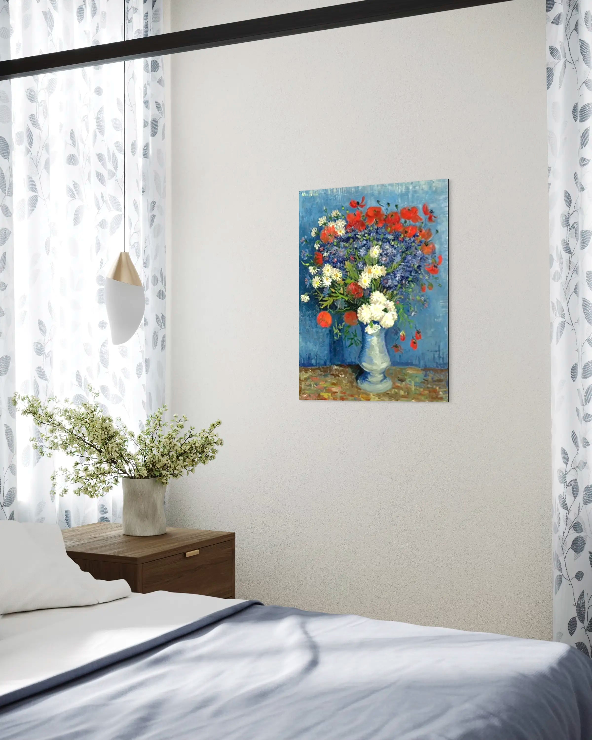 Nature morte : vase aux bleuets et coquelicots - Peinture d'art